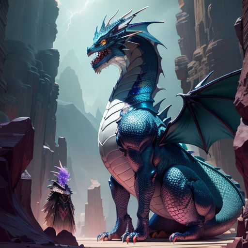 a blue dragon sitting on top of a rock covered ground next to a purple dragon in a cave like setting