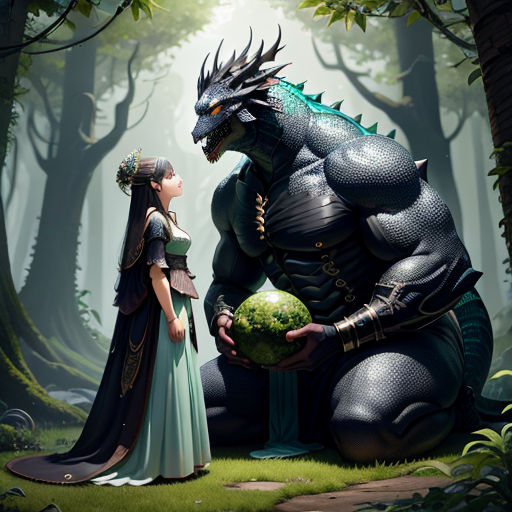 a woman standing next to a giant monster in a forest with a girl looking at it's face