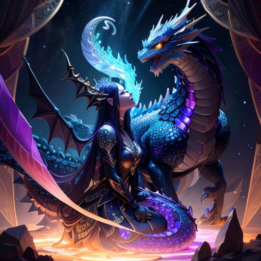 a blue dragon sitting on top of a purple dragon on a rock in the night sky with stars above