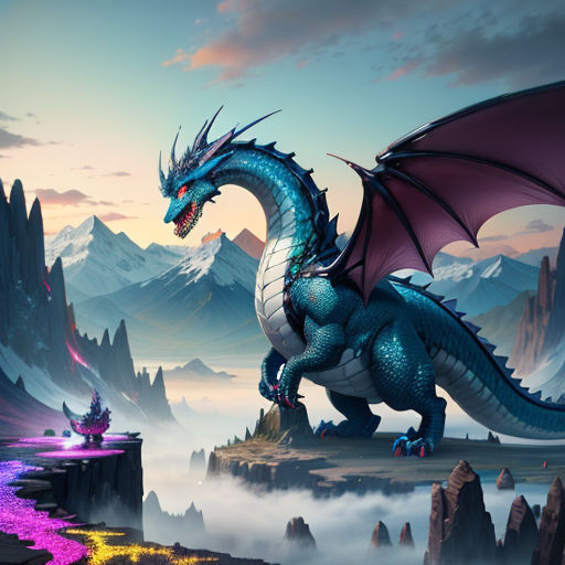 a dragon is standing on a mountain top with a stream of water below it and a mountain range in the background