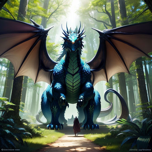 a dragon with a person walking in the woods near it's back and a forest background with trees