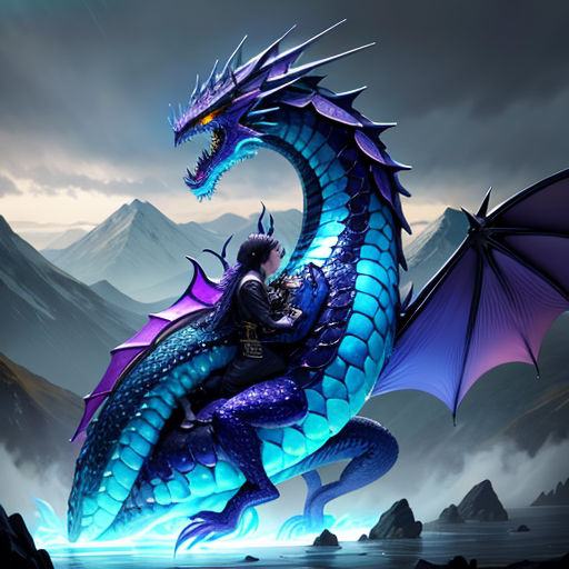 a blue dragon with a man on it's back riding on a rock in the middle of a mountain