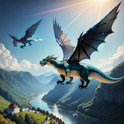 a dragon flying over a mountain with a river below it and a bird flying over it in the sky