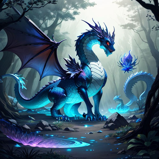 a blue dragon standing in a forest next to a stream of water and trees with a bright light shining on it