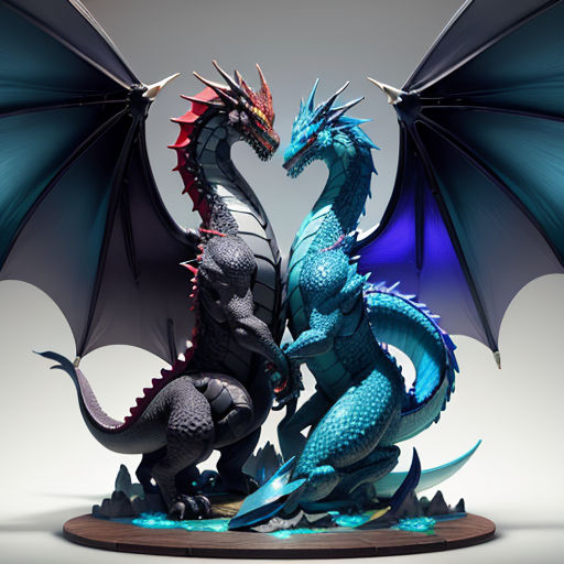 two blue and red dragon statues on a white background with a blue background and a white background with a blue and red dragon