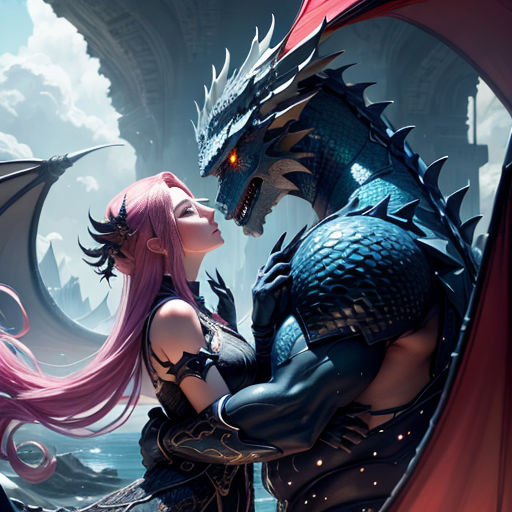 a woman and a dragon are kissing in front of a castle with a dragon on it's head