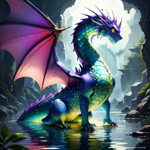 a dragon is sitting in the water by a cave with a full moon in the background and a cave with a waterfall