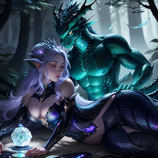 a woman in a costume sitting on the ground next to a dragon in the forest with a crystal ball