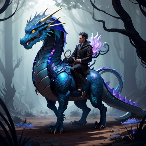a man riding on the back of a blue dragon in a forest with trees and bushes behind him,