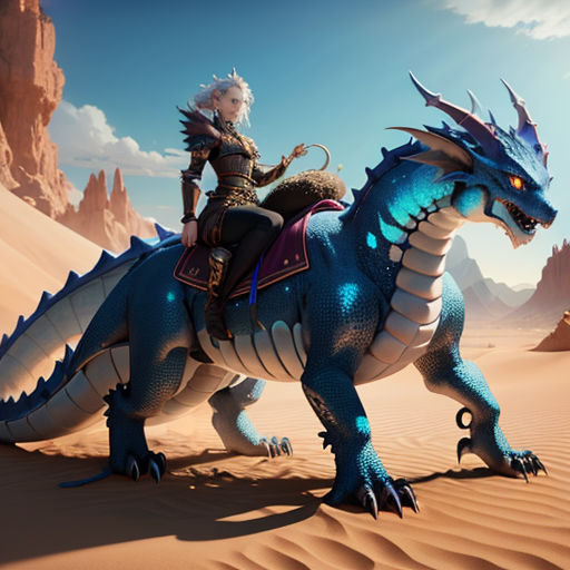 a woman riding on the back of a blue dragon in a desert area with mountains in the background and a sky background