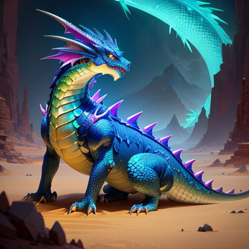 a blue dragon sitting on top of a desert ground next to a mountain range with a blue sky in the background