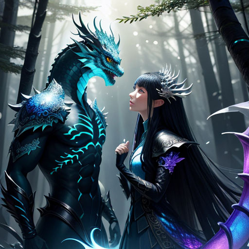 a woman and a dragon in a forest with snow on the ground and trees in the background, with snow on the ground