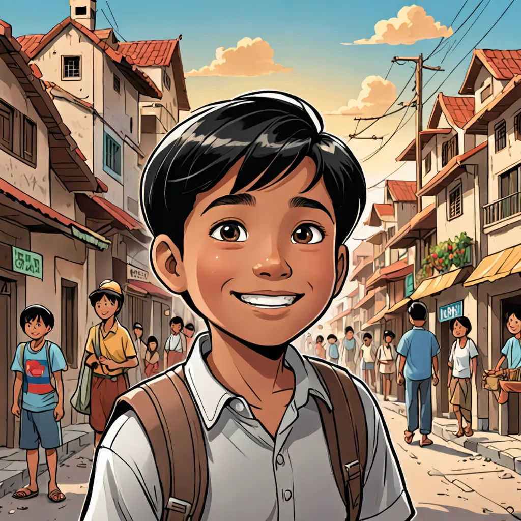 a cartoon of a man with a backpack on a street with people in the background and a sky with clouds, samikshavad, a comic book panel, Basuki Abdullah, comic cover art