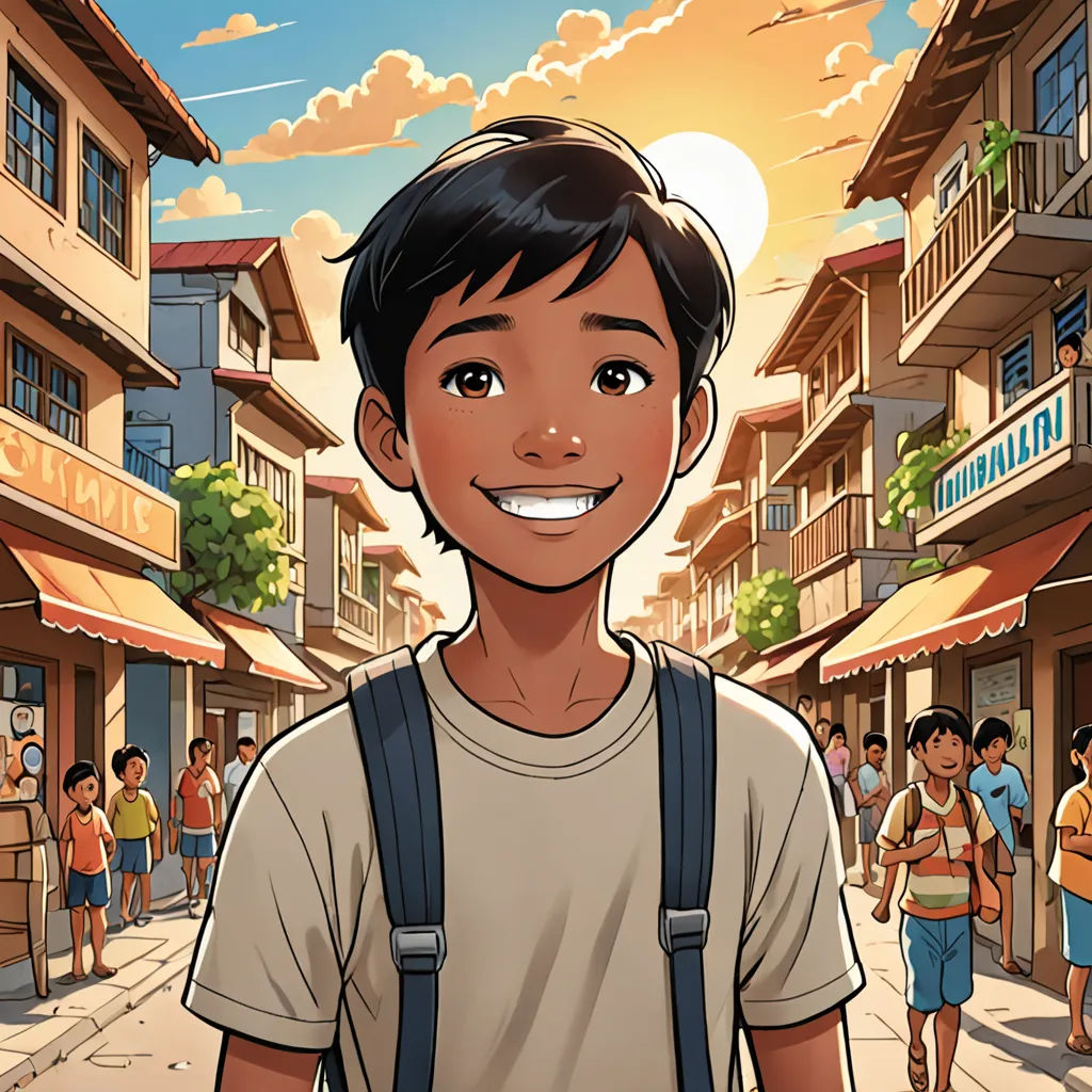 a cartoon of a boy with a backpack on a street with people walking around him and buildings in the background, magical realism, a comic book panel, Fernando Amorsolo, comic cover art