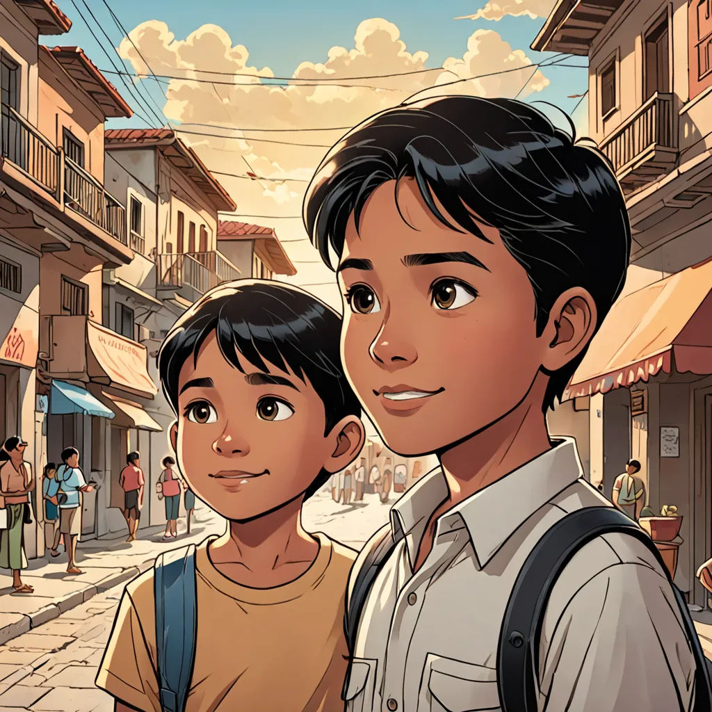a couple of people standing next to each other on a street near buildings and people walking on the sidewalk, hurufiyya, a comic book panel, Brothers Hildebrandt, comic cover art