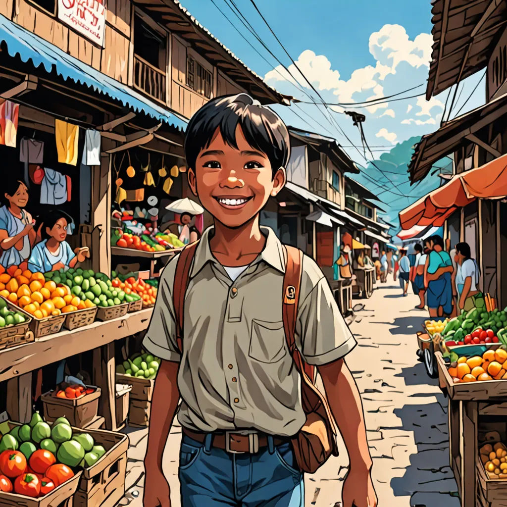 a boy is walking down a street with a lot of fruit on display in the background and people walking around, photorealism, a comic book panel, Asaf Hanuka, comic cover art