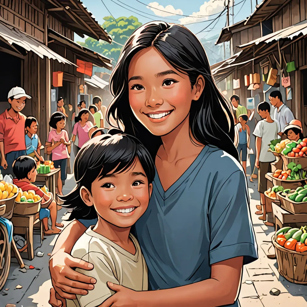 a woman and child are smiling in front of a market with many people and fruit stands in the background, lyco art, a storybook illustration, Fernando Amorsolo, comic cover art