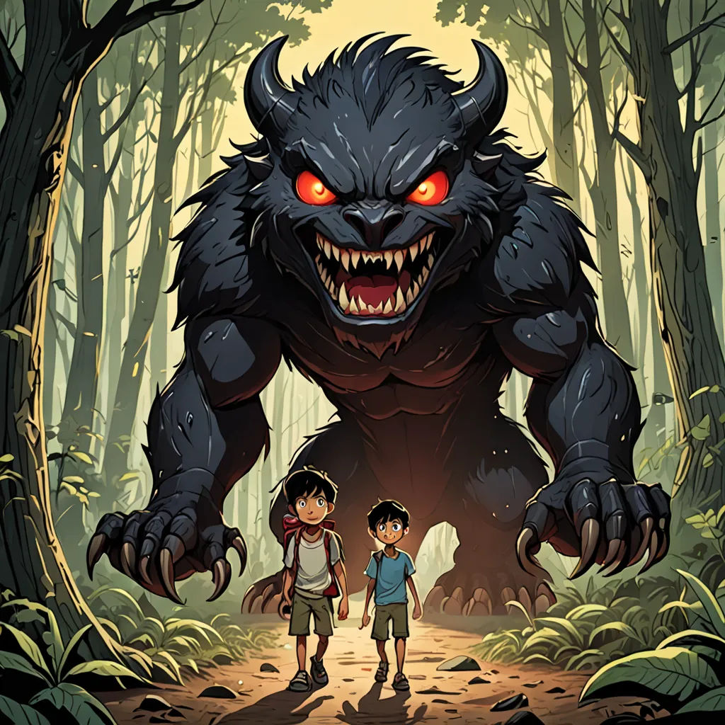 a cartoon of a monster and a boy in a forest with a light on their face and a red glowing eye, serial art, a storybook illustration, Diego Gisbert Llorens, comic cover art