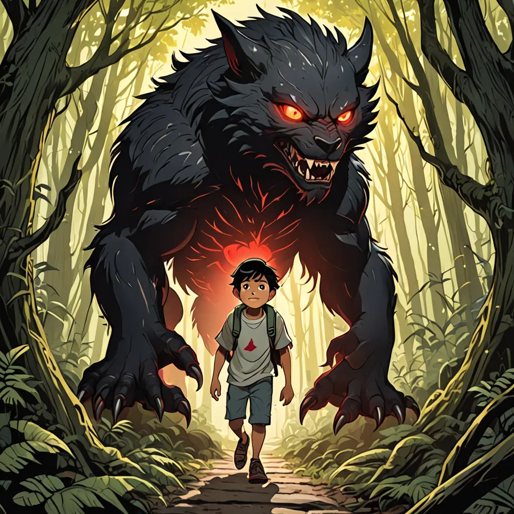 a boy walking through a forest with a giant monster behind him, with a red light on his face, serial art, poster art, Asaf Hanuka, comic cover art