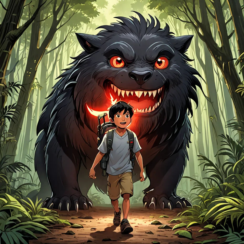 a boy is walking in the woods with a big monster behind him and a glowing red eye on his face, furry art, a storybook illustration, Diego Gisbert Llorens, comic cover art