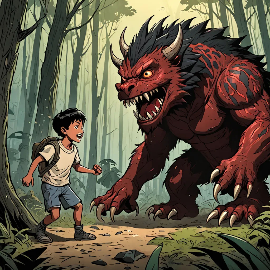 a boy and a monster in a forest with trees and rocks, with a boy walking towards the monster, fantasy art, a storybook illustration, Asaf Hanuka, comic cover art