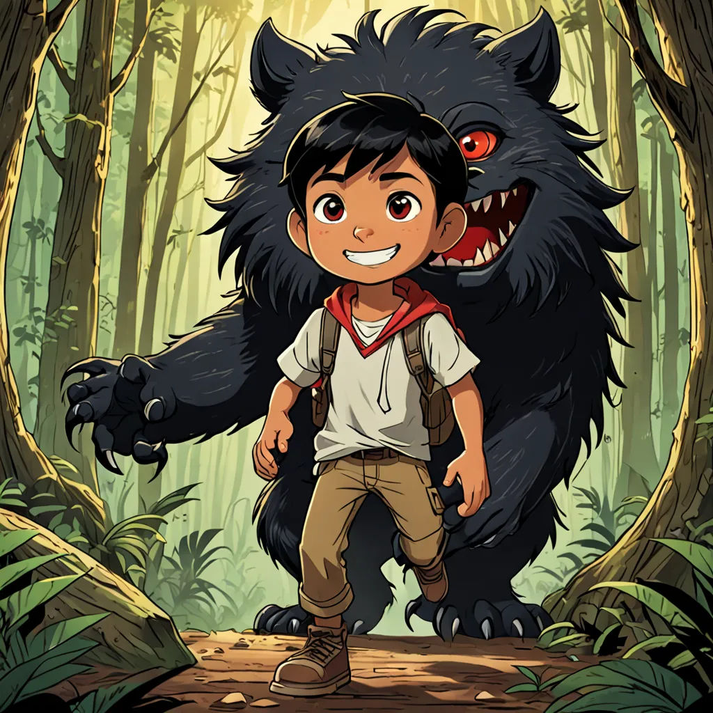 a boy and a big furry animal in a forest with trees and leaves on the ground and a forest floor, furry art, a storybook illustration, Diego Gisbert Llorens, comic cover art