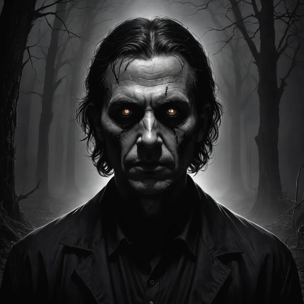 a man with a creepy face and red eyes in a dark forest with trees and branches, with a creepy look on his face, gothic art, a character portrait, Dirk Crabeth, sinister