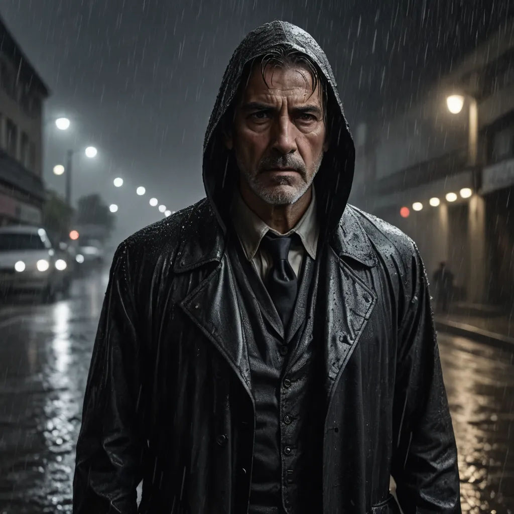 a man in a raincoat standing in the rain on a city street at night with a car in the background, american realism, a character portrait, Eddie Mendoza, promotional image