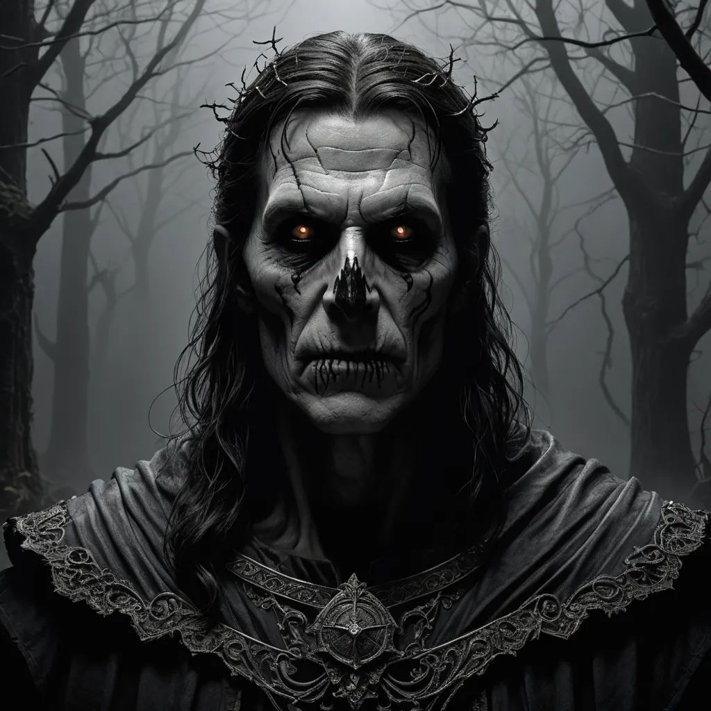 a creepy looking man with red eyes and a creepy look on his face in a dark forest with trees, gothic art, an ultrafine detailed painting, Dirk Crabeth, dark fantasy art