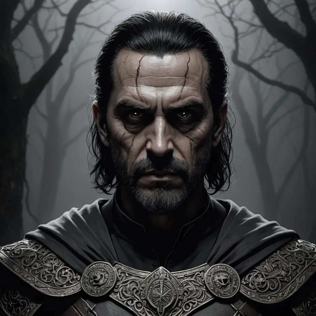 a man with a beard and a beard wearing a black outfit in a forest with trees and branches, with a light shining on his face, gothic art, a character portrait, Eddie Mendoza, epic fantasy character art