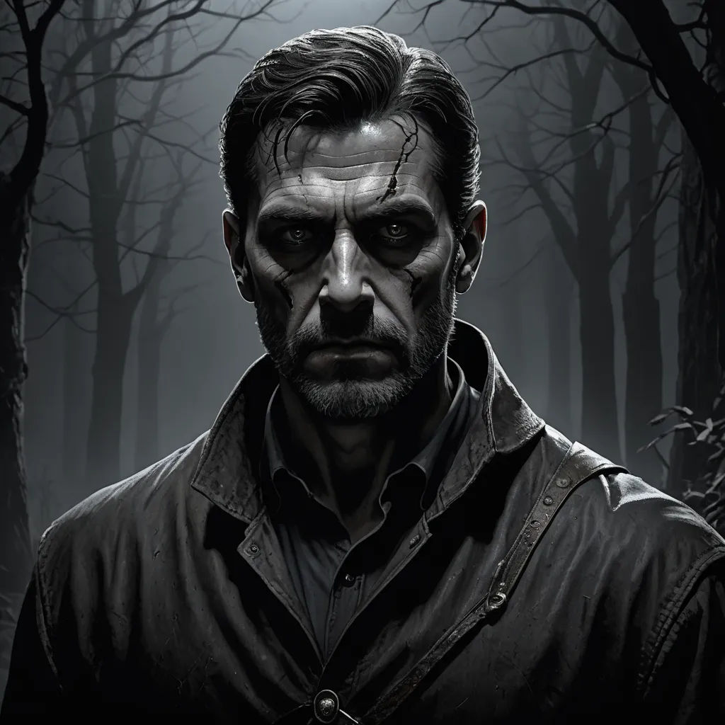 a man in a black jacket standing in a forest with a creepy look on his face and eyes, with a full moon in the background, sots art, a character portrait, Clark Voorhees, character portrait
