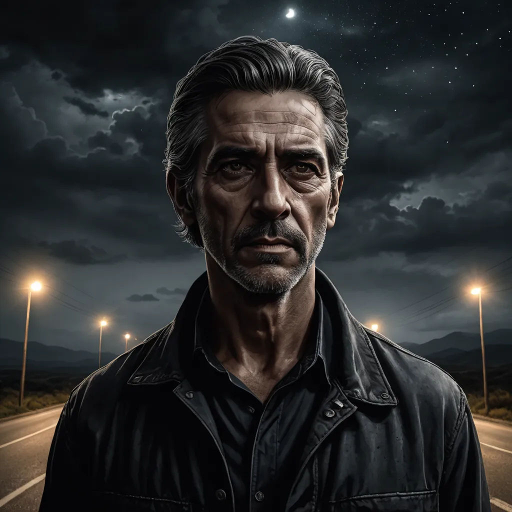 a man standing on a road under a cloudy sky with a moon in the background and a street light in the foreground, serial art, a character portrait, Eddie Mendoza, promotional image