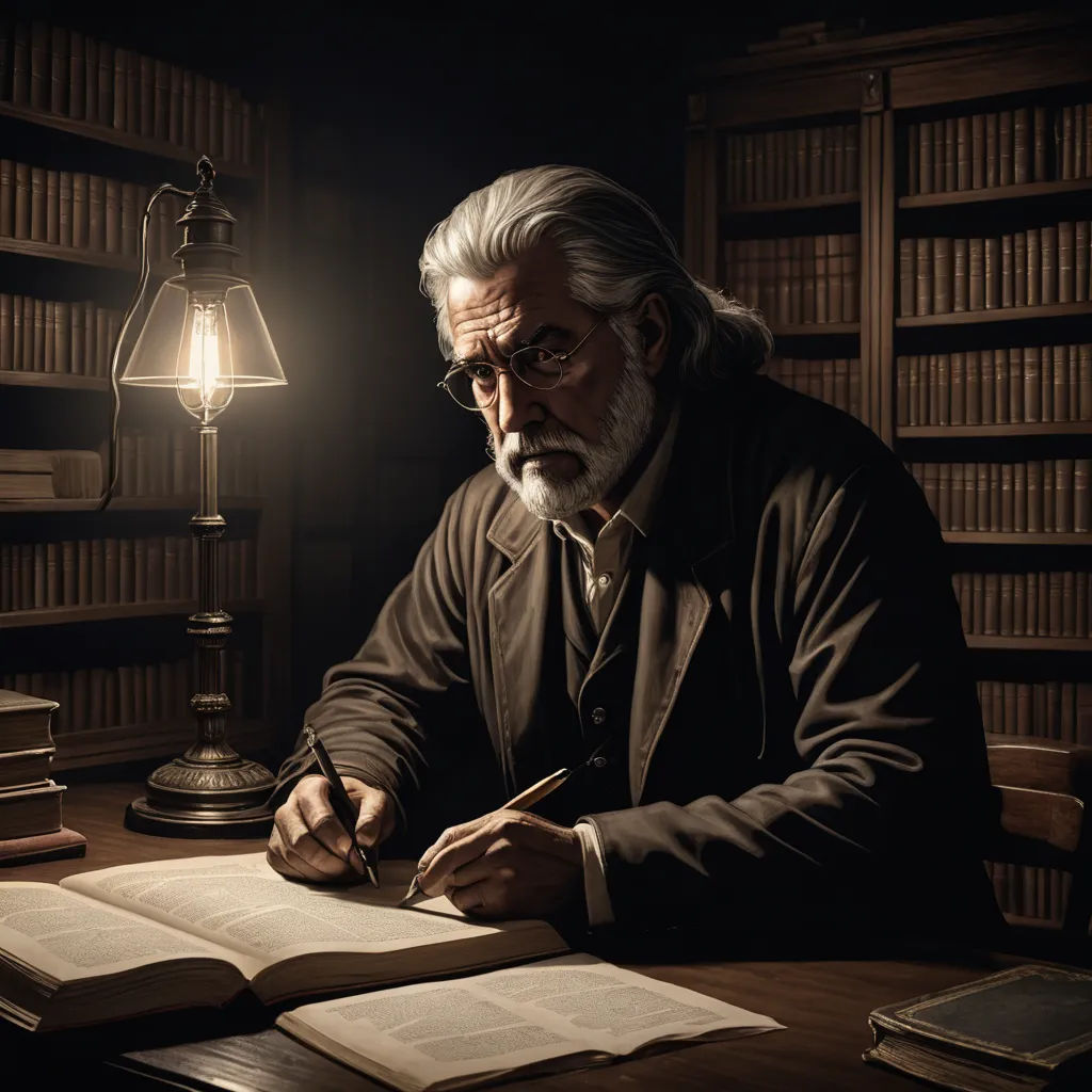 a man sitting at a table with a book and pen in his hand and a lamp in the background, academic art, computer graphics, Artur Tarnowski, cinematic photography