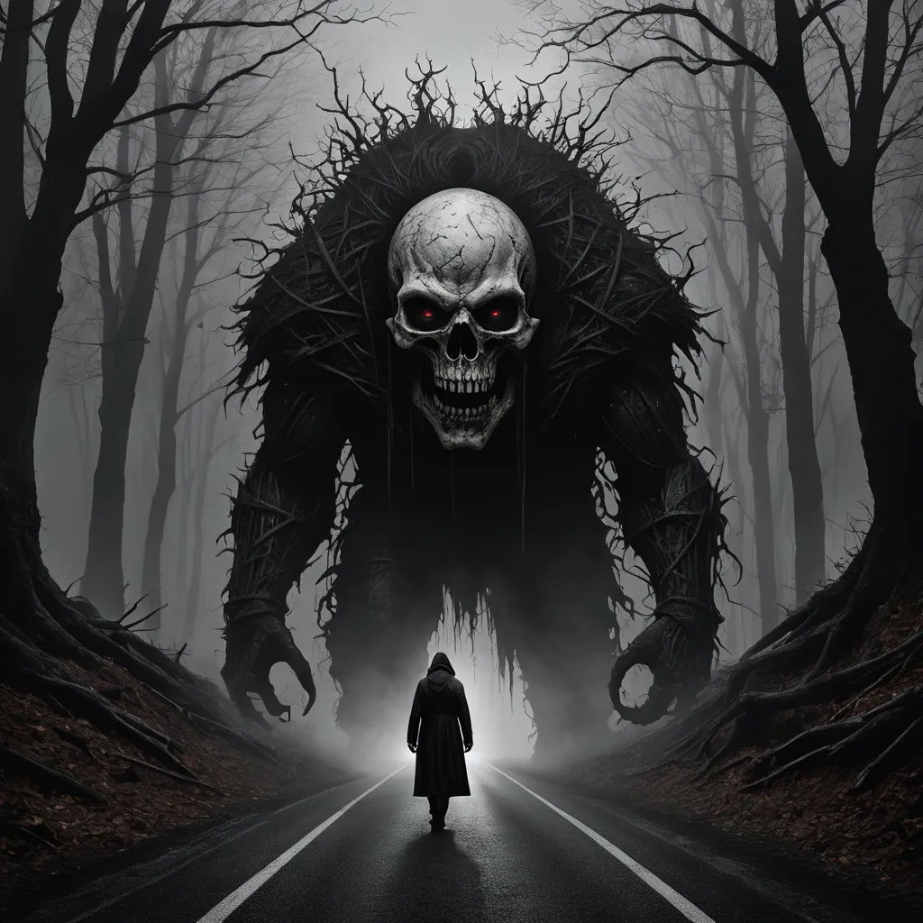 a man walking down a road with a giant skull on it's back and a creepy face on his face, gothic art, concept art, Eddie Mendoza, dark art
