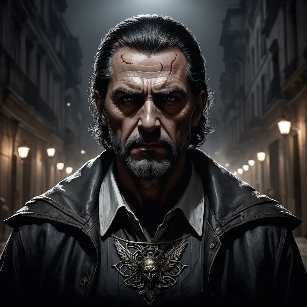a man with a beard and a leather jacket on in a dark street at night with a street light, classical realism, a character portrait, Eddie Mendoza, key art