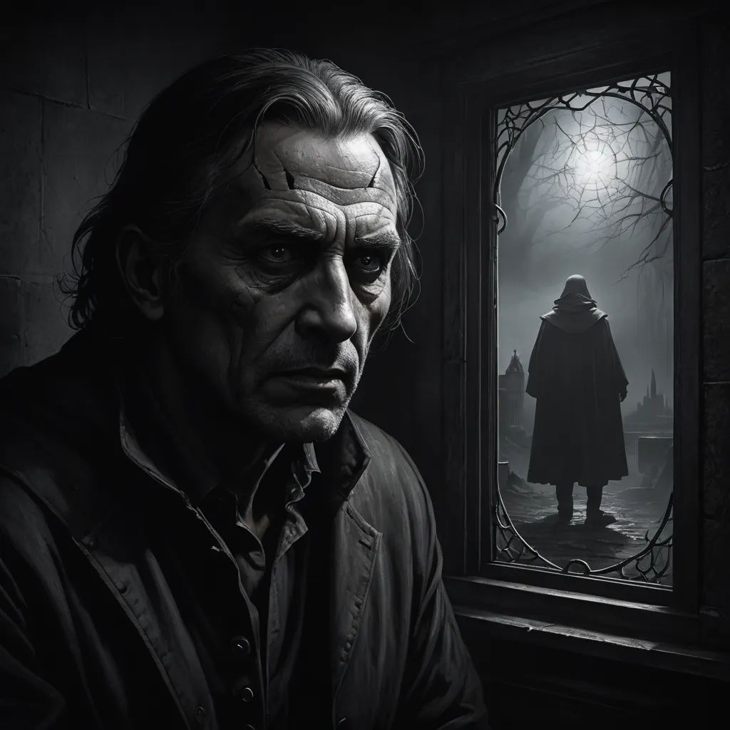 a man in a dark room looking out a window at a person in a cloak and a full moon, fantasy art, a character portrait, Bastien L. Deharme, magic the gathering artwork