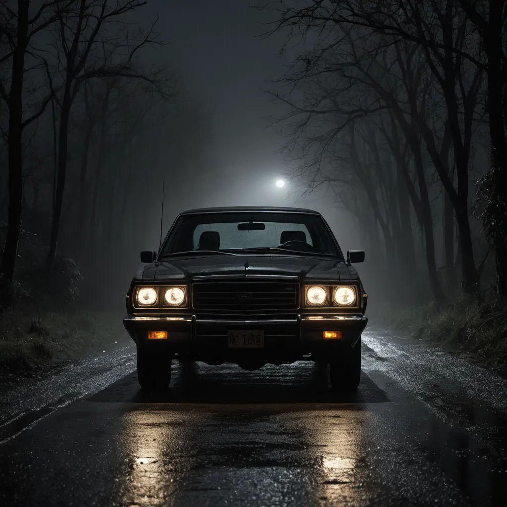 a car driving down a road in the dark with headlights on at night time with fog and trees in the background, serial art, poster art, Dirk Crabeth, promotional image