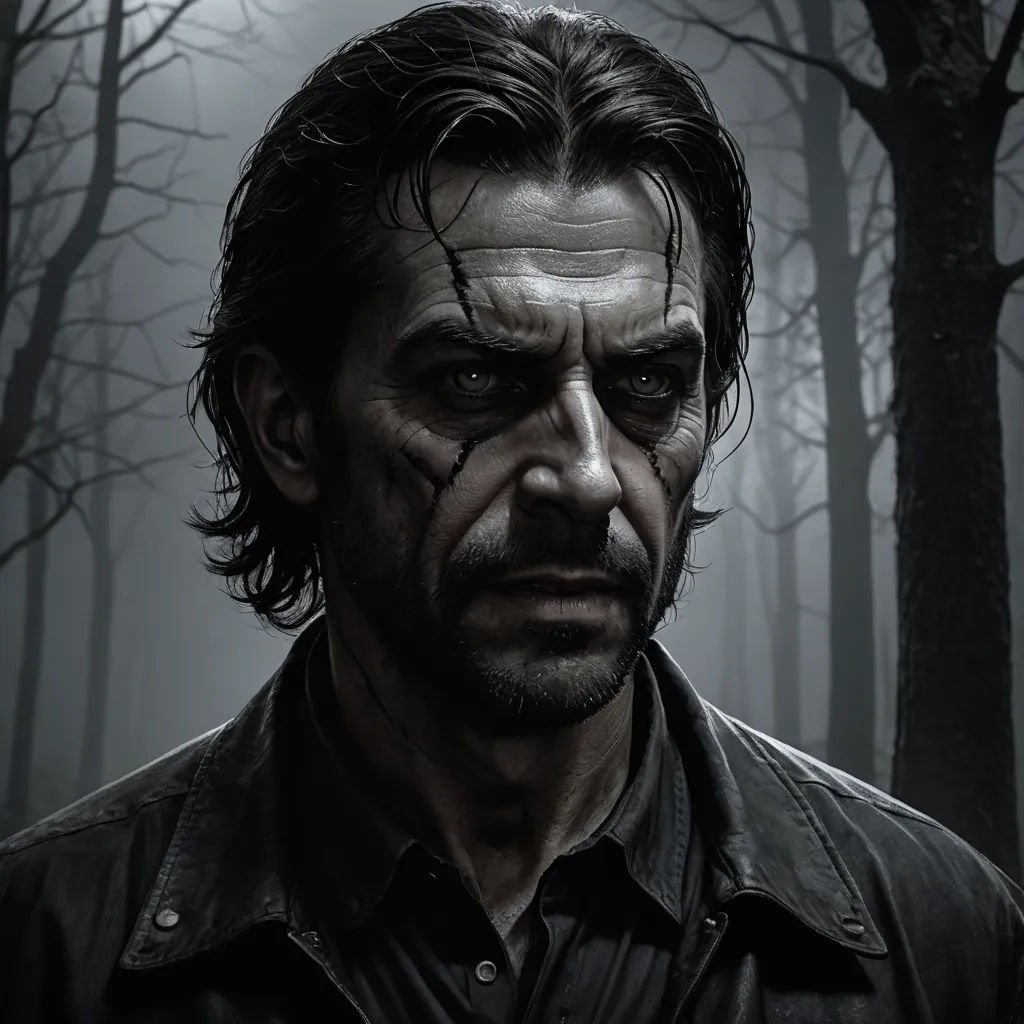 a man with a creepy look on his face in a dark forest with trees and branches in the background, photorealism, a character portrait, Eddie Mendoza, realistic character concept
