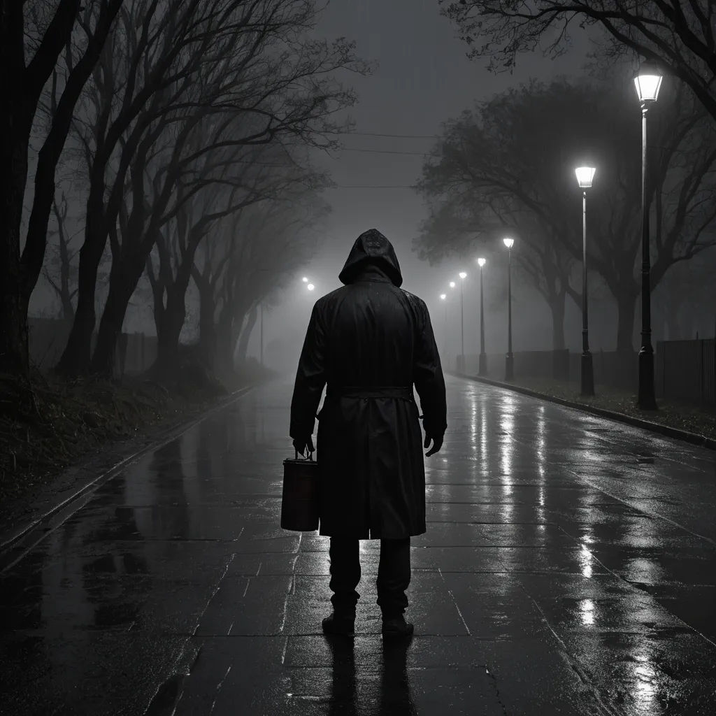 a man in a raincoat is walking down a street with a suitcase in his hand and a light on, art photography, a character portrait, Dirk Crabeth, film noir