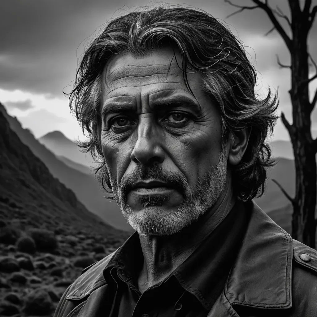 a man with a beard and a leather jacket on in a mountainous area with a tree and mountains in the background, hyperrealism, a character portrait, Breyten Breytenbach, cinematic photography