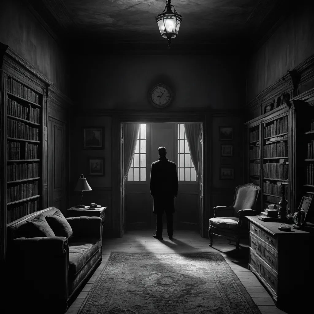 a man standing in a dark room with a clock on the wall and a couch in the corner of the room, classical realism, a black and white photo, Arnold Blanch, cinematic still