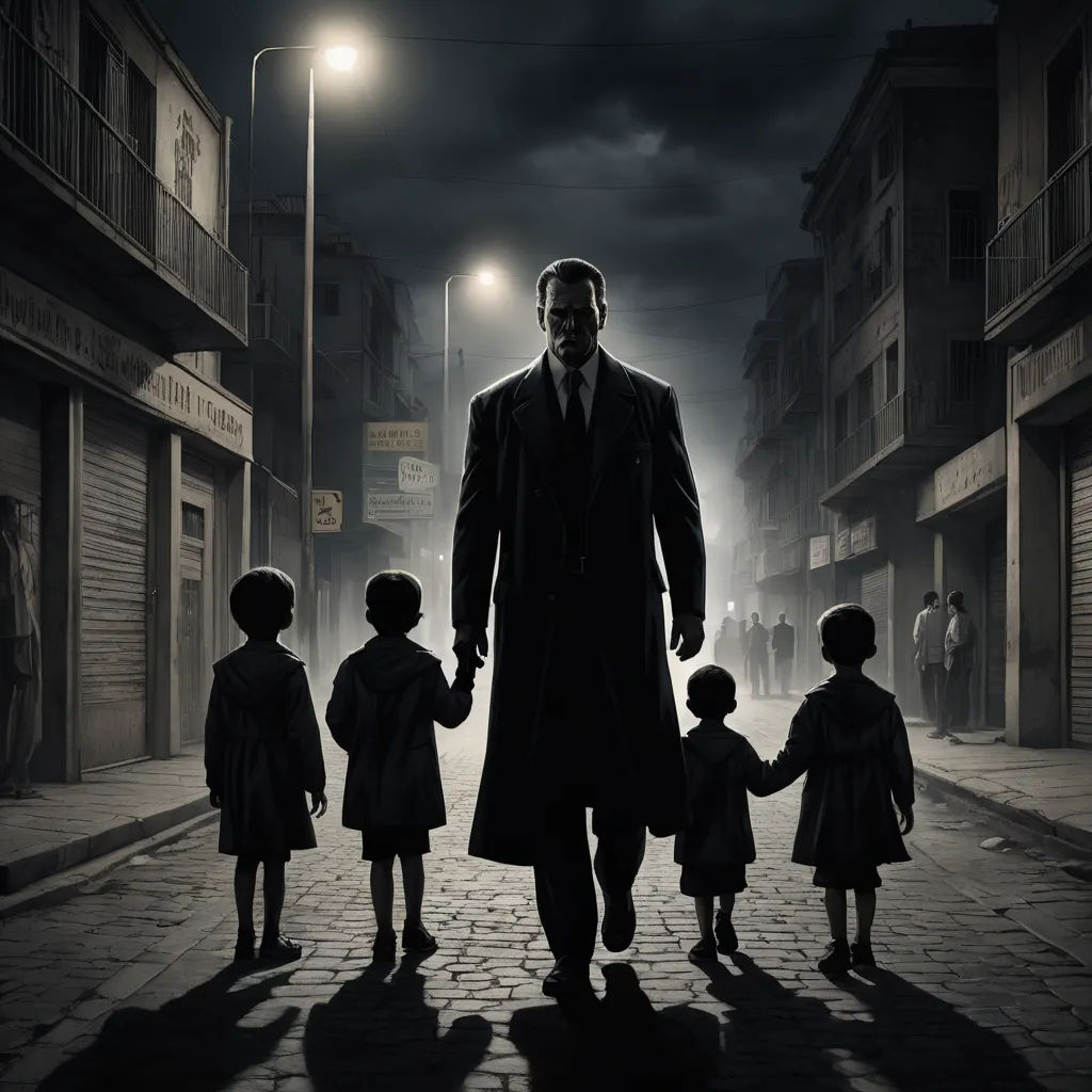 a man in a suit and tie walking with children on a street at night with a street light in the background, massurrealism, a matte painting, Diego Gisbert Llorens, dark shadows