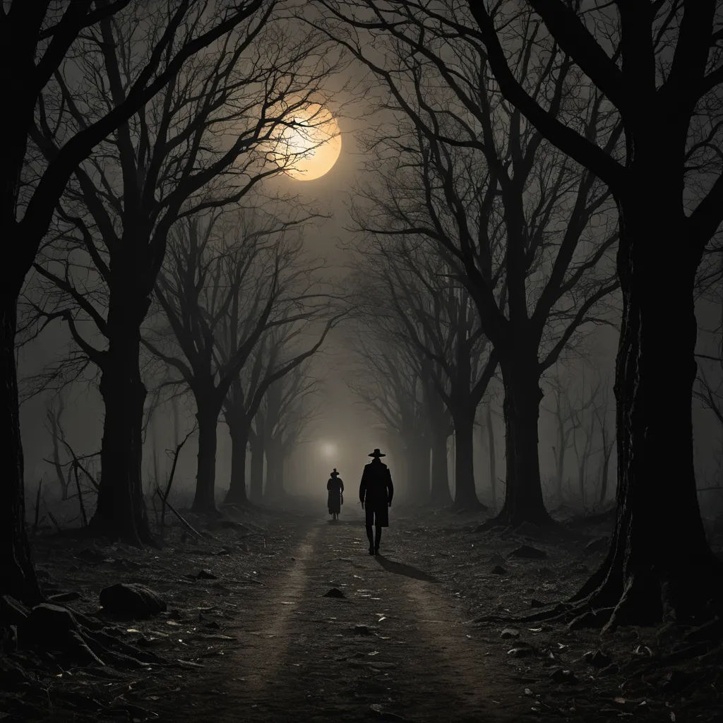 two people walking down a path in a dark forest at night with a full moon in the background and trees, gothic art, a matte painting, Dirk Crabeth, dark shadows