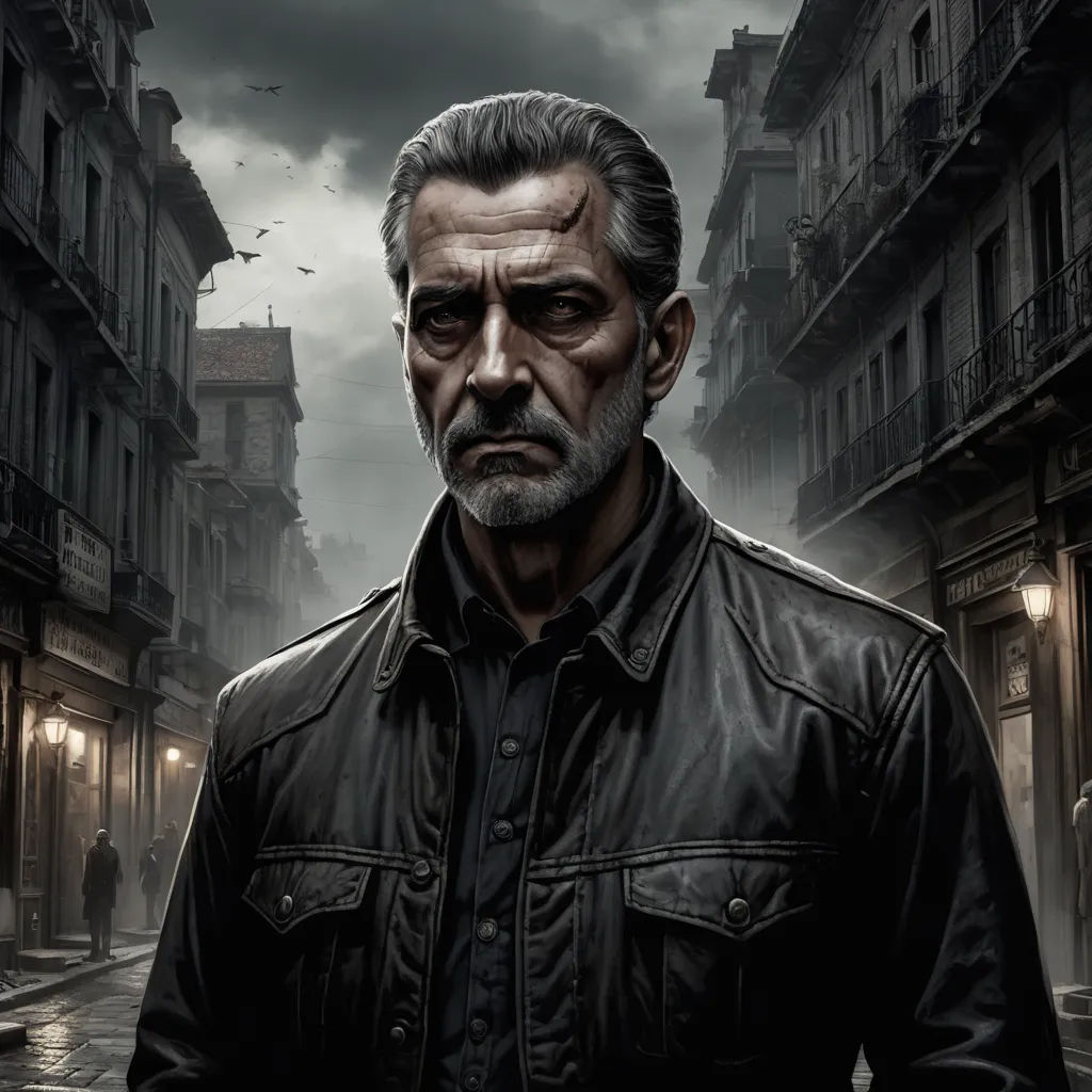 a man in a black jacket standing in a street with a dark sky in the background and a dark city, sots art, a character portrait, Cedric Peyravernay, realistic character concept