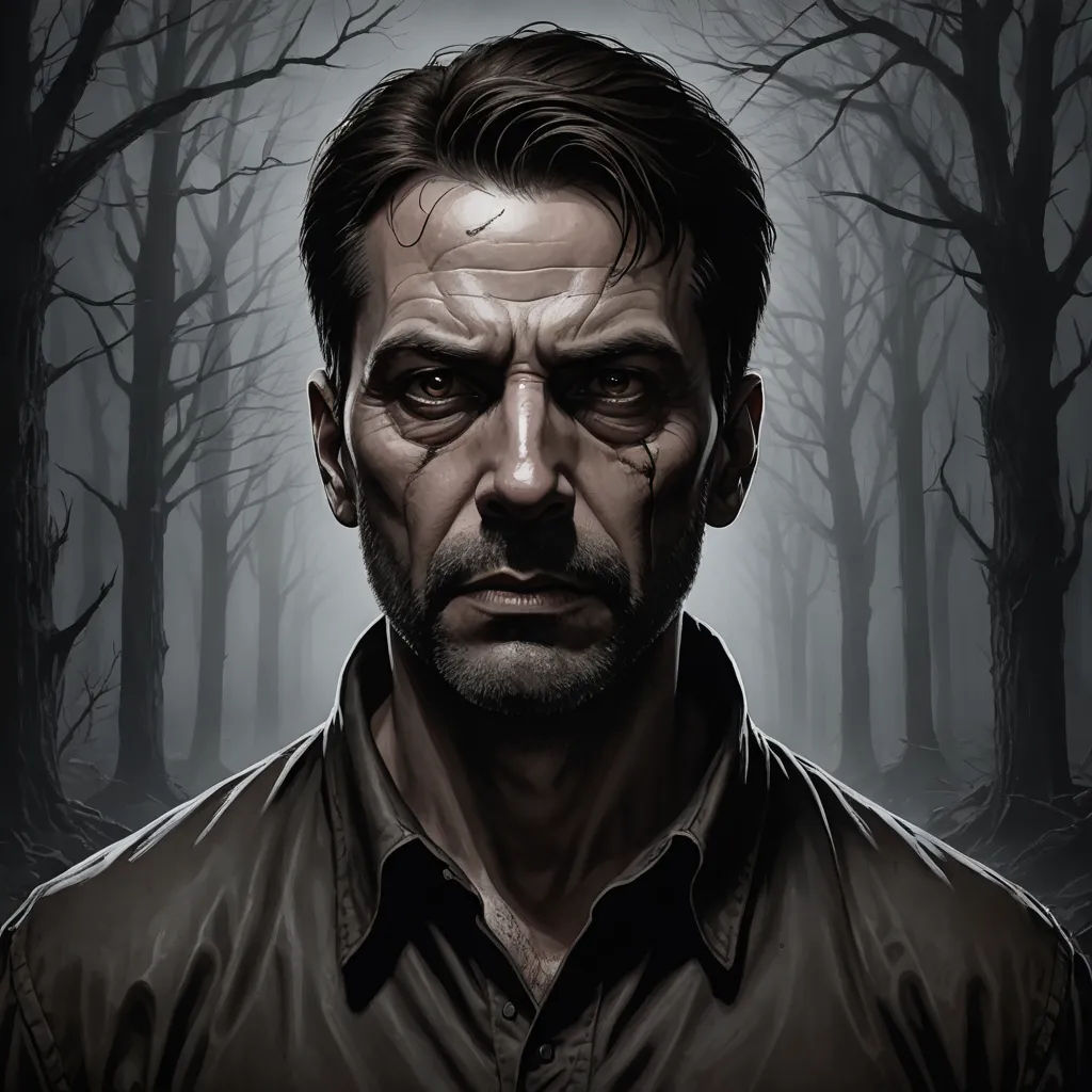 a man in a dark forest with trees in the background and a creepy look on his face, with a creepy look on his face, sots art, a character portrait, David Palumbo, character portrait