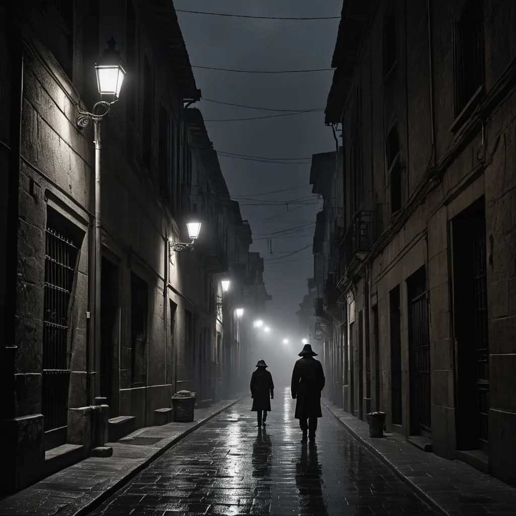 two people walking down a street at night in the rain with street lights on either side of them and a dark street, massurrealism, a matte painting, Evgeny Lushpin, film noir