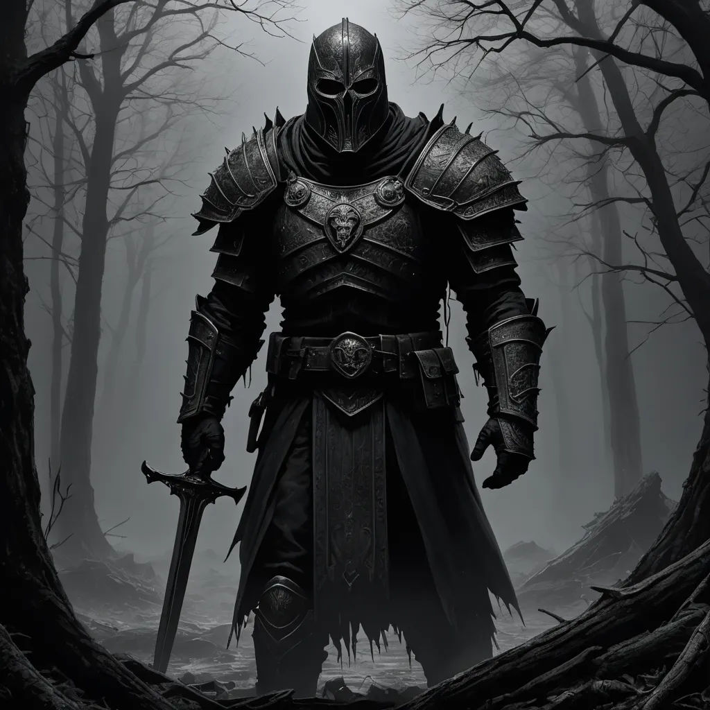 a knight in a forest with a sword in his hand and a full armor on his head, standing in the middle of a forest, antipodeans, concept art, Daryush Shokof, dark fantasy art