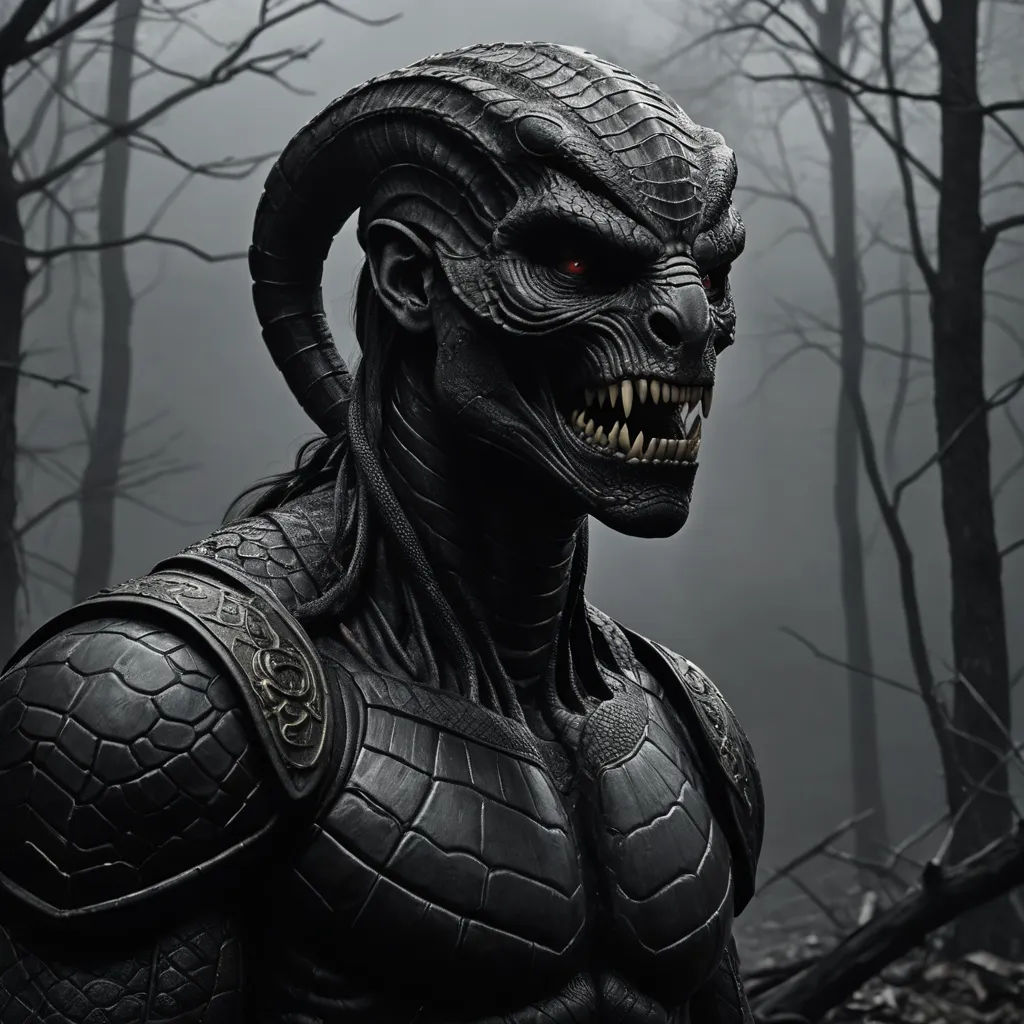 a creature with a helmet and horns in a forest with trees and fog in the background, with a creepy look on its face, gothic art, a character portrait, Eddie Mendoza, dark fantasy art