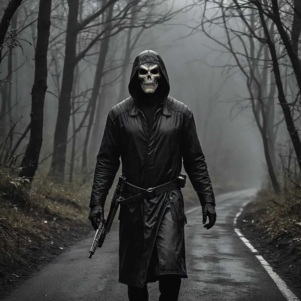 a man in a hooded jacket and mask walking down a road with a gun in his hand and a skull mask on his face, serial art, poster art, Dirk Crabeth, promotional image