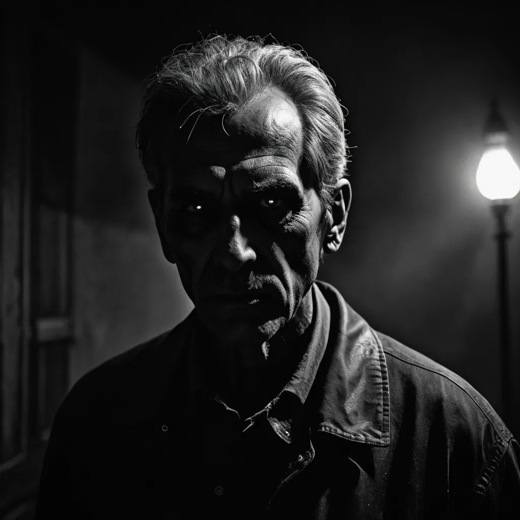 a man with a creepy look on his face in a dark room with a light on the side of the room, art photography, a black and white photo, Constantine Andreou, cinematic photography